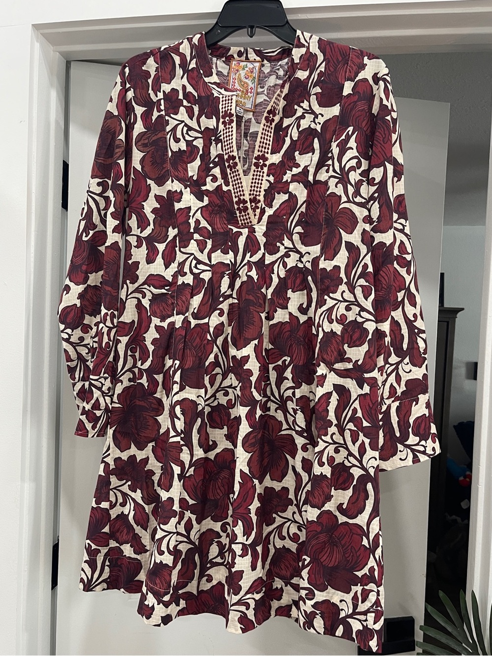 Johnny Was Cream and Burgundy Floral Camilla Pleated Dress NWT